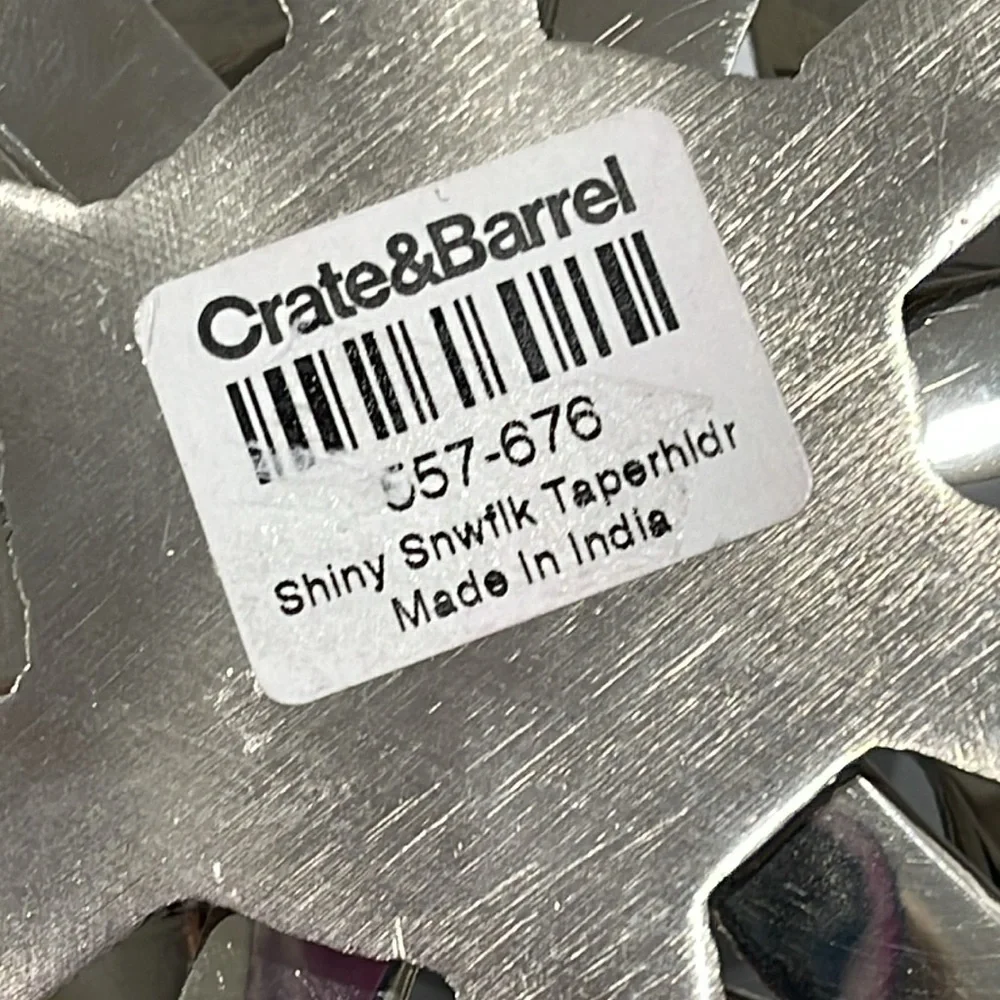 Crate & Barrel Silver Shiny Snowflake Taper Candle Holder